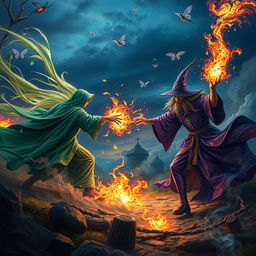 A dramatic and visually striking scene depicting a magical battle between two ancient wizards in a mystical landscape