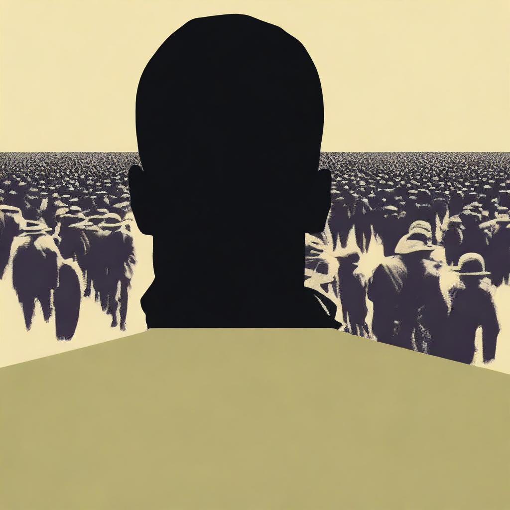 Minimalist poster featuring a harsh, angular face in the foreground, looking towards the horizon, against a backdrop of soldiers marching in a row