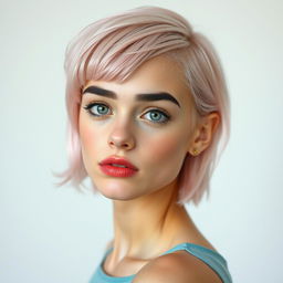 A teen skinny slender Caucasian girl with very short light pink hair and big black brows