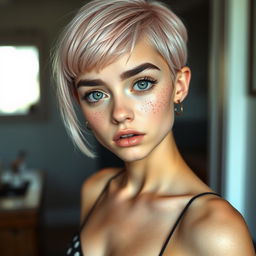 A teen skinny slender Caucasian girl with very short light pink hair and big black brows