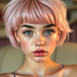 A teen skinny slender Caucasian girl with very short light pink hair and big black brows