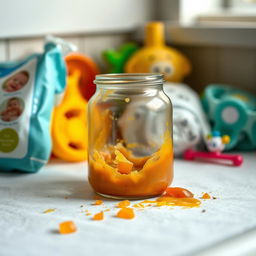 A cinematic shot of an eaten baby food jar resting on a diaper changing table, surrounded by colorful baby accessories including wipes, diapers, and playful toys