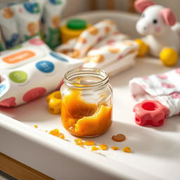 A cinematic shot of an eaten baby food jar resting on a diaper changing table, surrounded by colorful baby accessories including wipes, diapers, and playful toys