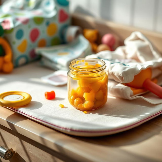 A cinematic shot of an eaten baby food jar resting on a diaper changing table, surrounded by colorful baby accessories including wipes, diapers, and playful toys