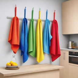 Modern kitchen scene with vibrant colored cloth cleaners hanging on the wall, highlighting the striking colors of the cloth cleaners