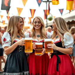 A festive scene featuring three young women, around 25 years old, with long blonde hair, dressed in traditional German national party dresses that are stylish and flattering