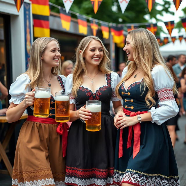 A festive scene featuring three young women, around 25 years old, with long blonde hair, dressed in traditional German national party dresses that are stylish and flattering