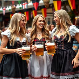 A festive scene featuring three young women, around 25 years old, with long blonde hair, dressed in traditional German national party dresses that are stylish and flattering