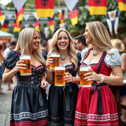 A festive scene featuring three young women, around 25 years old, with long blonde hair, dressed in traditional German national party dresses that are stylish and flattering