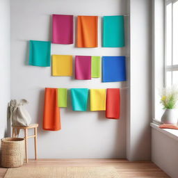 Modern kitchen scene with vibrant colored cloth cleaners hanging on the wall, highlighting the striking colors of the cloth cleaners