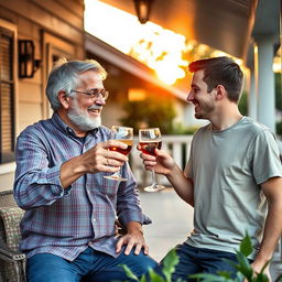 A heartwarming scene of a 50-year-old father and his 20-year-old son-in-law sharing a moment on a cozy porch