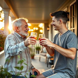 A heartwarming scene of a 50-year-old father and his 20-year-old son-in-law sharing a moment on a cozy porch