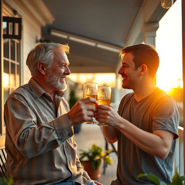 A heartwarming scene of a 50-year-old father and his 20-year-old son-in-law sharing a moment on a cozy porch