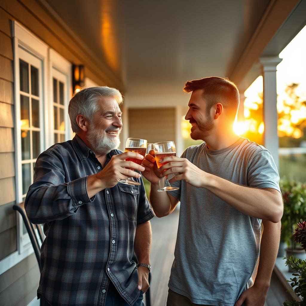 A heartwarming scene of a 50-year-old father and his 20-year-old son-in-law sharing a moment on a cozy porch