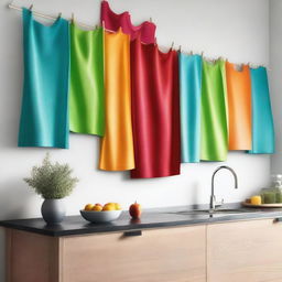 Modern kitchen scene with vibrant colored cloth cleaners hanging on the wall, highlighting the striking colors of the cloth cleaners