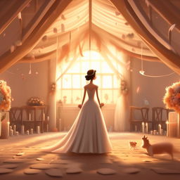 Continue the whimsical animated sequence with the anthropomorphic dog attending a wedding. Illustrate a moment when his gaze falls upon a beautiful woman. Her beauty should radiate in the setting, capturing his utter enchantment.