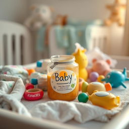 A cinematic shot of a baby food jar placed on a diaper changing table, surrounded by an array of colorful baby accessories such as soft diapers, wipes, and playful toys