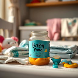 A cinematic shot of a baby food jar placed on a diaper changing table, surrounded by an array of colorful baby accessories such as soft diapers, wipes, and playful toys