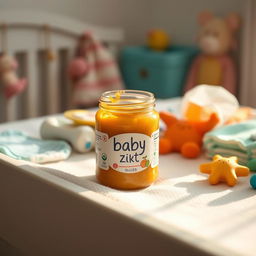 A cinematic shot of a baby food jar placed on a diaper changing table, surrounded by an array of colorful baby accessories such as soft diapers, wipes, and playful toys