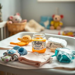 A cinematic shot of a baby food jar placed on a diaper changing table, surrounded by an array of colorful baby accessories such as soft diapers, wipes, and playful toys
