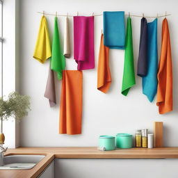 Modern kitchen scene with vibrant colored cloth cleaners hanging on the wall, highlighting the striking colors of the cloth cleaners