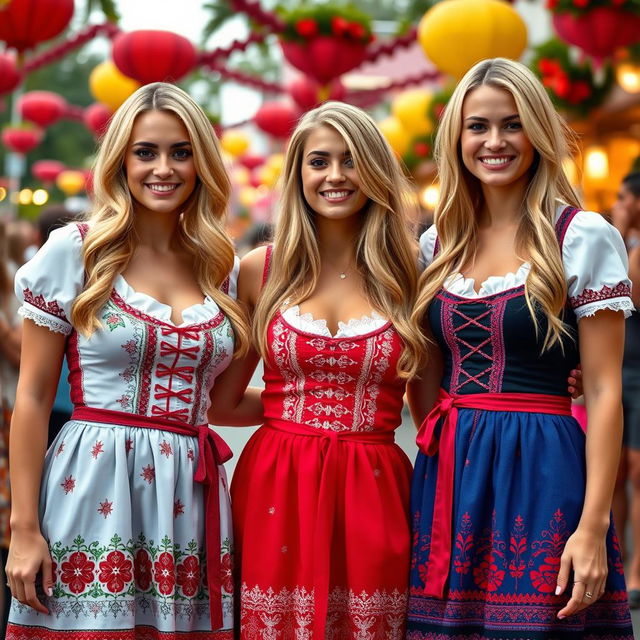 A lively scene featuring three young German women, around 25 years old, with long blonde hair