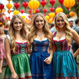 A lively scene featuring three young German women, around 25 years old, with long blonde hair