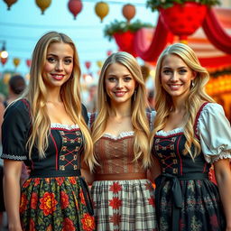 A lively scene featuring three young German women, around 25 years old, with long blonde hair