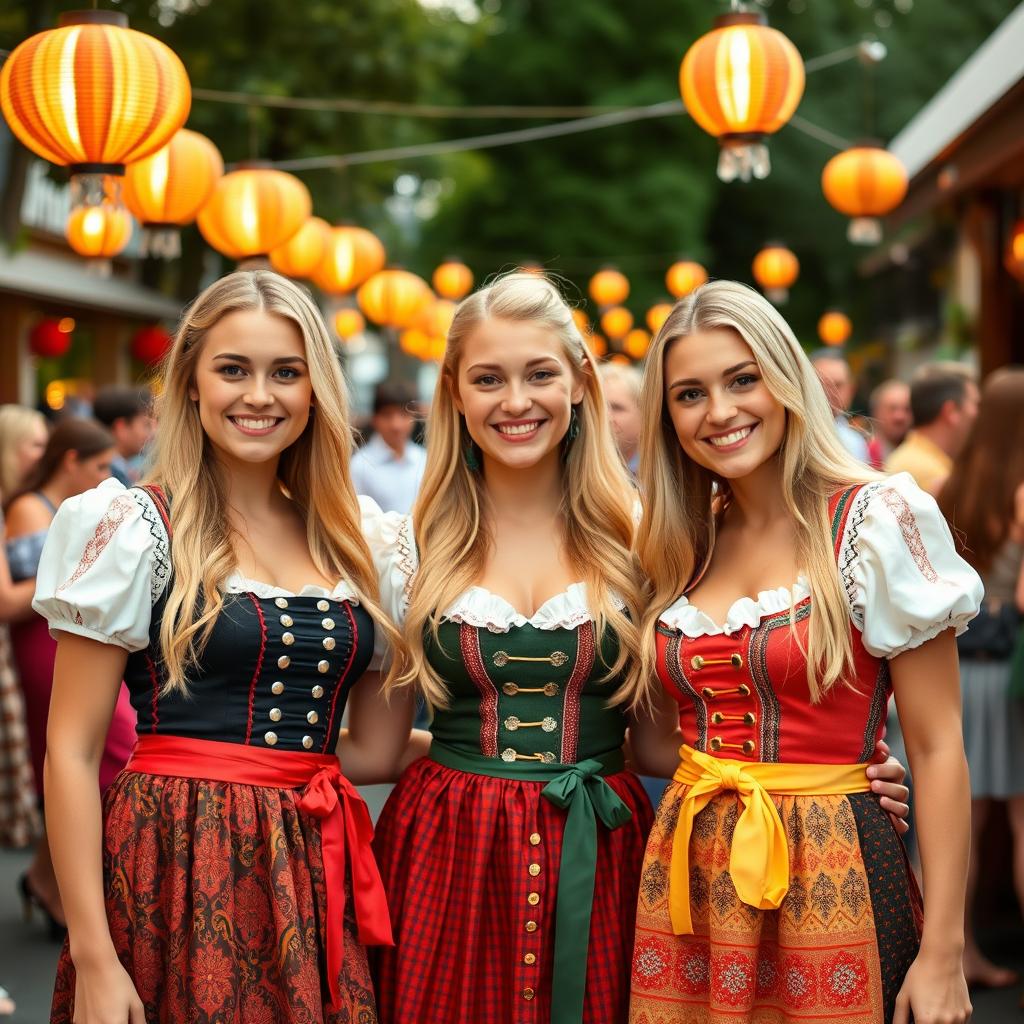 A lively scene featuring three young German women, around 25 years old, with long blonde hair