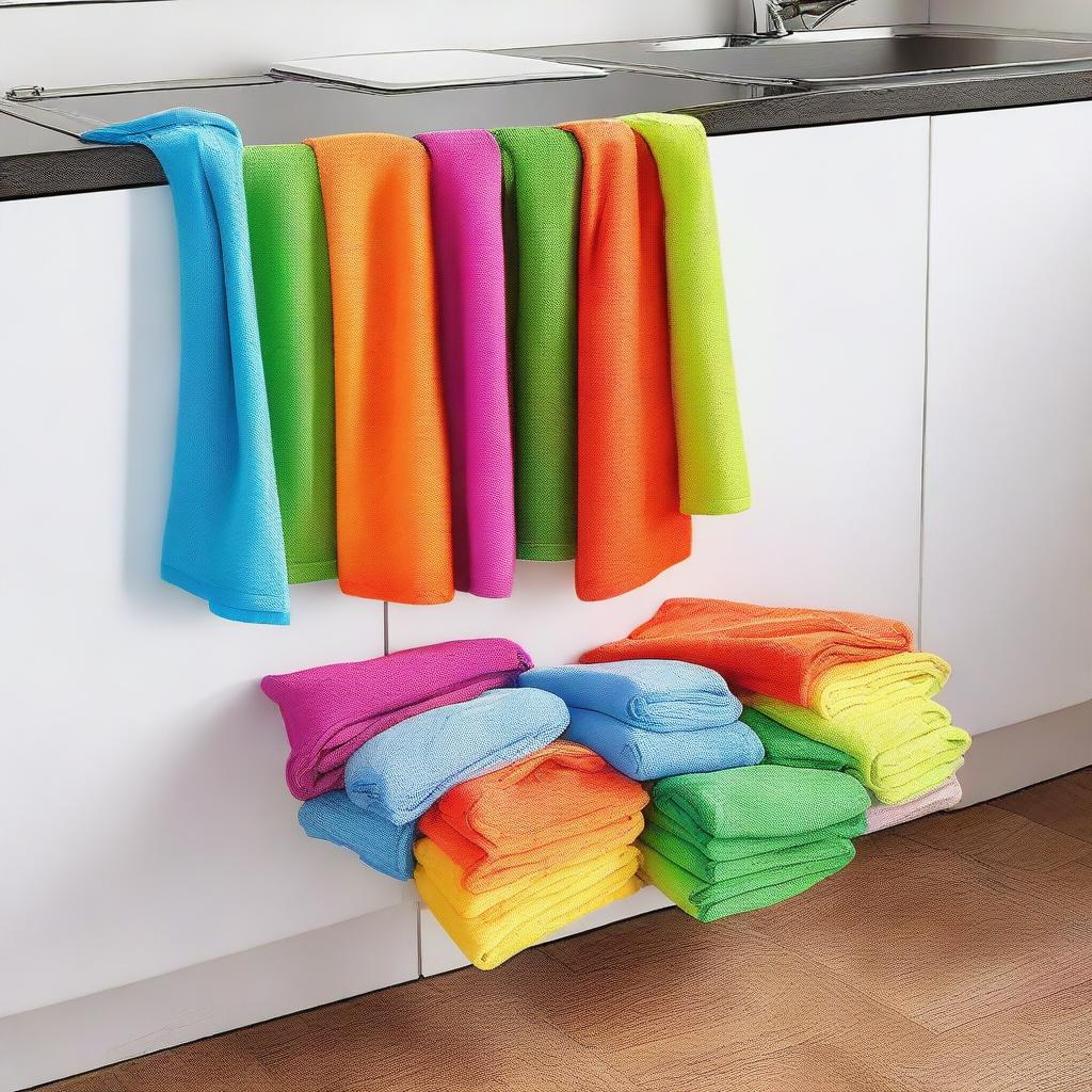 Modern kitchen scene with vibrant colored cloth cleaners neatly folded on its surface, highlighting the striking colors of the cloth cleaners