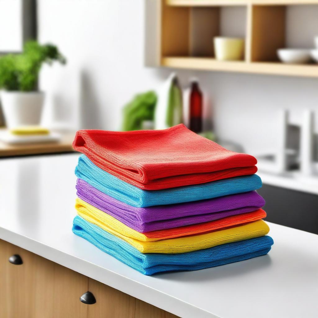 Modern kitchen scene with vibrant colored cloth cleaners neatly folded on its surface, highlighting the striking colors of the cloth cleaners