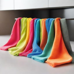 Modern kitchen scene with vibrant colored cloth cleaners neatly folded on its surface, highlighting the striking colors of the cloth cleaners