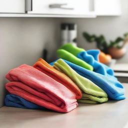 Modern kitchen scene with vibrant colored cloth cleaners neatly folded on its surface, highlighting the striking colors of the cloth cleaners