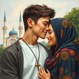 A young man with a cross necklace gently kisses a Muslim woman on the forehead, symbolizing their love
