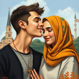 A young man with a cross necklace gently kisses a Muslim woman on the forehead, symbolizing their love