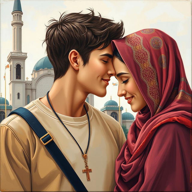 A young man with a cross necklace gently kisses a Muslim woman on the forehead, symbolizing their love