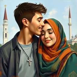 A young man with a cross necklace gently kisses a Muslim woman on the forehead, symbolizing their love