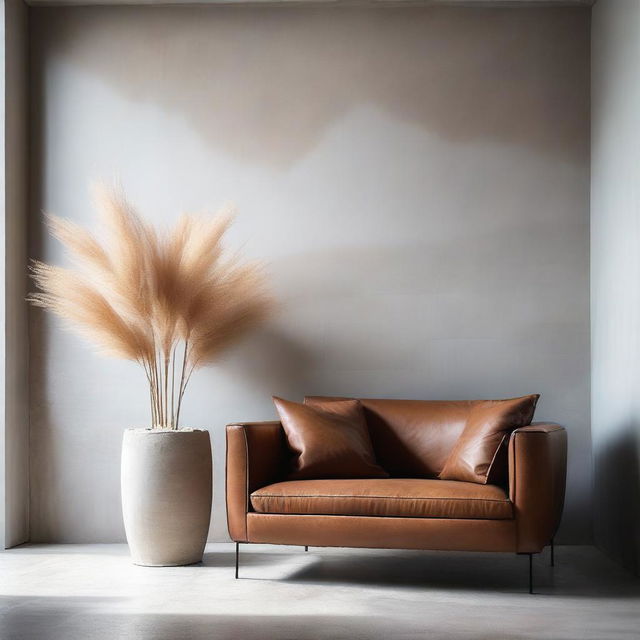 A visually stunning room of architectural concrete, with a soft Venetian plaster wall accented by a leather armchair and a pot plant with pampas grass