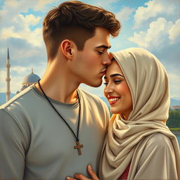 A young Caucasian man with a cross necklace tenderly kissing a Muslim woman on her forehead, symbolizing their love
