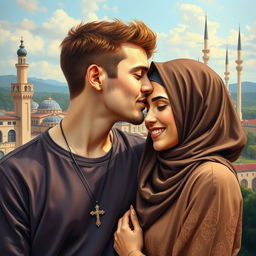 A young Caucasian man with a cross necklace tenderly kissing a Muslim woman on her forehead, symbolizing their love