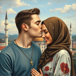 A young Caucasian man with a cross necklace tenderly kissing a Muslim woman on her forehead, symbolizing their love