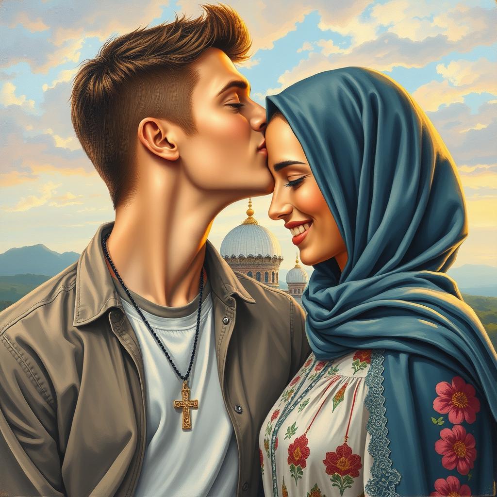 A young Caucasian man with a cross necklace tenderly kissing a Muslim woman on her forehead, symbolizing their love