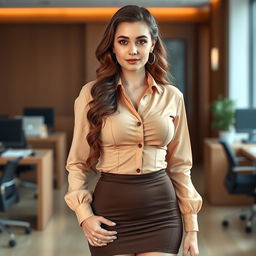 A 34-year-old Russian secretary with long brown wavy hair, standing confidently in an office setting