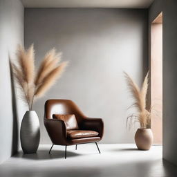 A visually stunning room of architectural concrete, with a soft Venetian plaster wall accented by a leather armchair and a pot plant with pampas grass