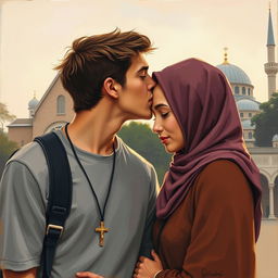 A young handsome man wearing a cross necklace kissing a modest Muslim girl on the forehead, showcasing a moment of love and tenderness