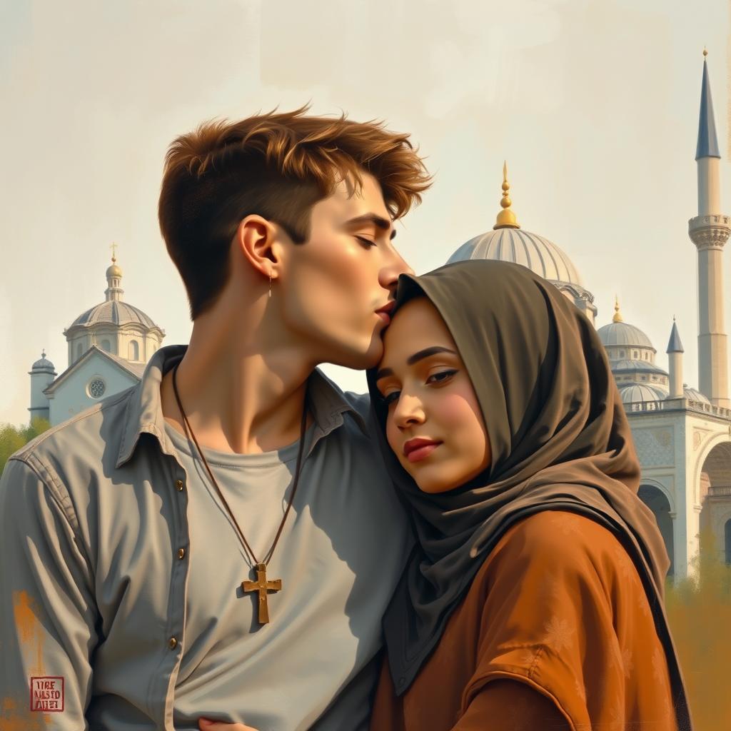 A young handsome man wearing a cross necklace kissing a modest Muslim girl on the forehead, showcasing a moment of love and tenderness