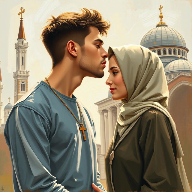 A young handsome man wearing a cross necklace kissing a modest Muslim girl on the forehead, showcasing a moment of love and tenderness