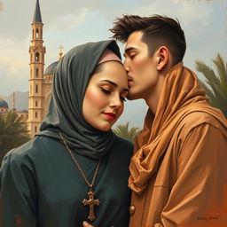 A young handsome man wearing a cross necklace kissing a modest Muslim girl on the forehead, showcasing a moment of love and tenderness