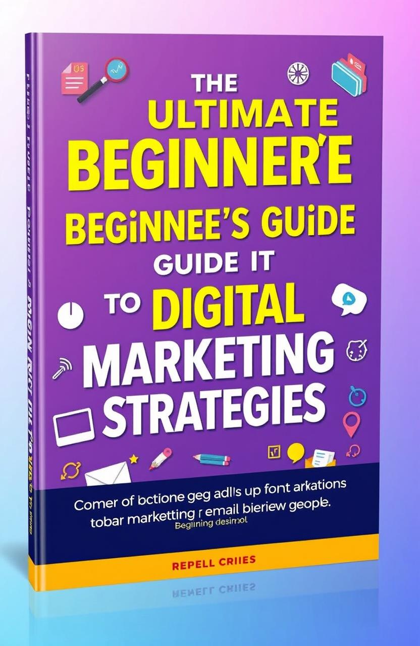 A beautifully designed book cover for 'The Ultimate Beginner’s Guide to Digital Marketing Strategies'