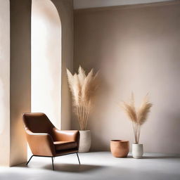 A visually stunning room of architectural concrete, with a soft Venetian plaster wall accented by a leather armchair and a pot plant with pampas grass